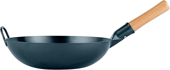 Restaurantware-Motomori 12 Inch Blue Carbon Steel Wok Pans, 10 Traditional Japanese Woks - Flat Bottom, Hand-Hammered, Carbon Steel Traditional Stir Fry Pans, With Wooden Handle