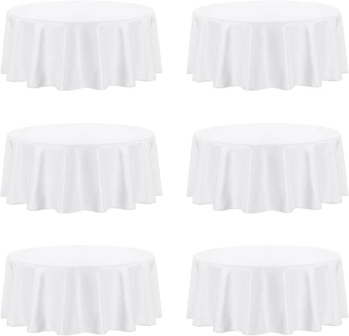 PureFit 6 Pack Round White Table Cloths 90Inch for Round Tables, Stain and Wrinkle Resistant Table Linens for Home Use, Wedding, Party, Banquet and Camping