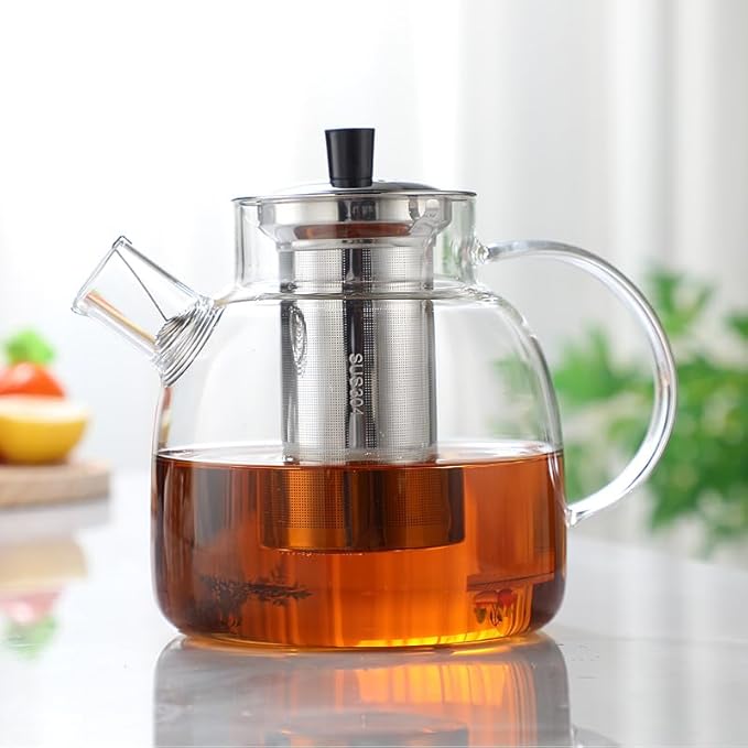 1400ml/47oz Durable Glass Teapot with Infusers for Loose Tea, Heat Resistant Stovetop Safe Tea Pot Maded of Thick Borosilicate Glass, Multifunctional for Loose Tea Bag