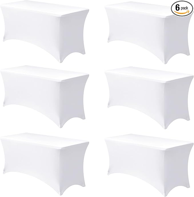Stretch Spandex Table Covers for 4 Foot Tables-6 Pack White Fitted Table Cloth for Rectangle Folding Table Protector for Party, Vendor Booth Display, Banquet Buffet Event, Craft Trade Show