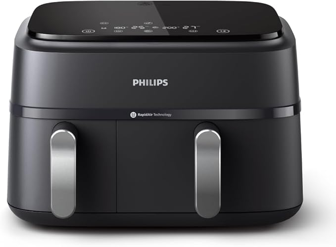 Philips Dual Basket Air Fryer 3000 Series — 8-in-1 functions, 9.5 Quarts, 2 Drawers, Auto-sync Cooking Time, 90% Less Fat, Rapid Air Technology, HomeID Recipe App, Dishwasher Safe, Black (NA351/00)
