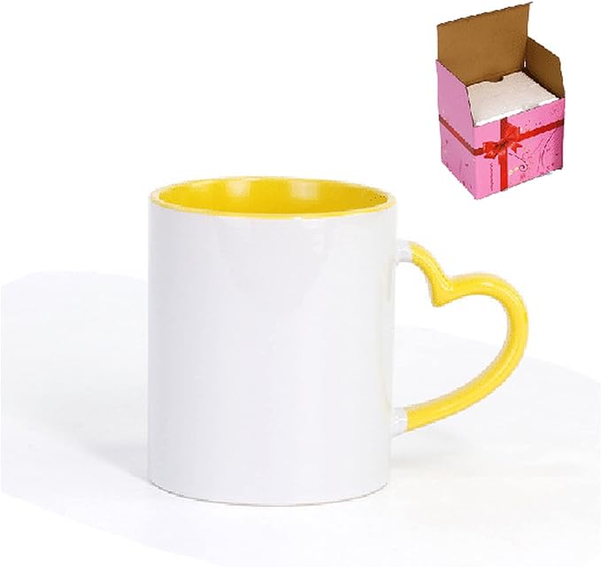 Ceramic Mug DIY Photo Heart Shape Handle Color Inside and Color Hand Cup Customized Pictures Logo Name Text Creative Cut Gifts(Yellow-2)