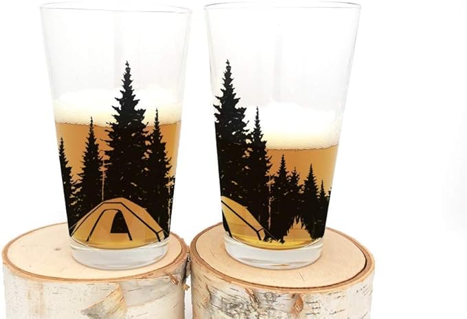Black Lantern Camping in the Woods Pint Glass Set 16oz Nature-Themed Beer Glasses for Outdoor & Craft Beer Lovers (Set of 2)