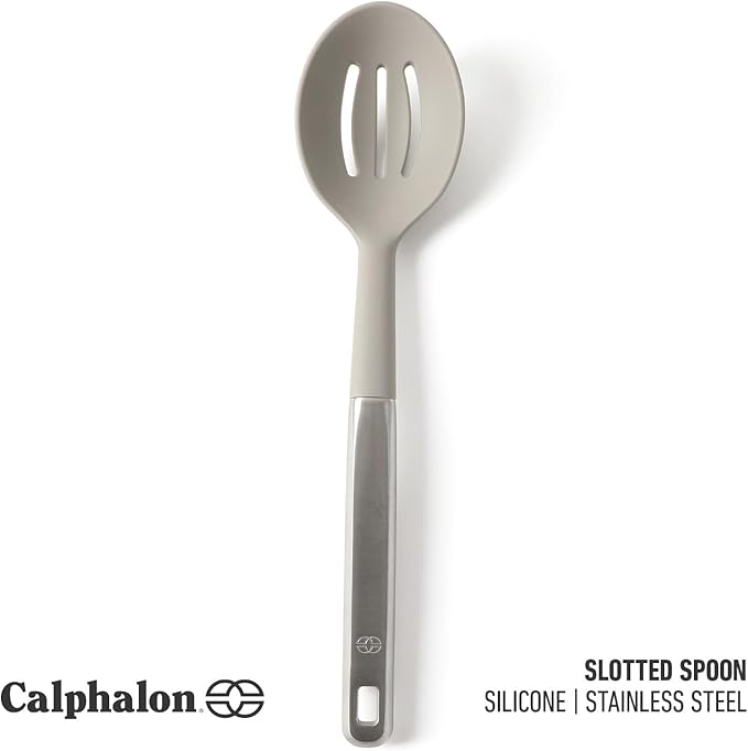 Calphalon Prime Stainless Steel Slotted Kitchen Spoon/Skimmer W/Taupe Silicone Head