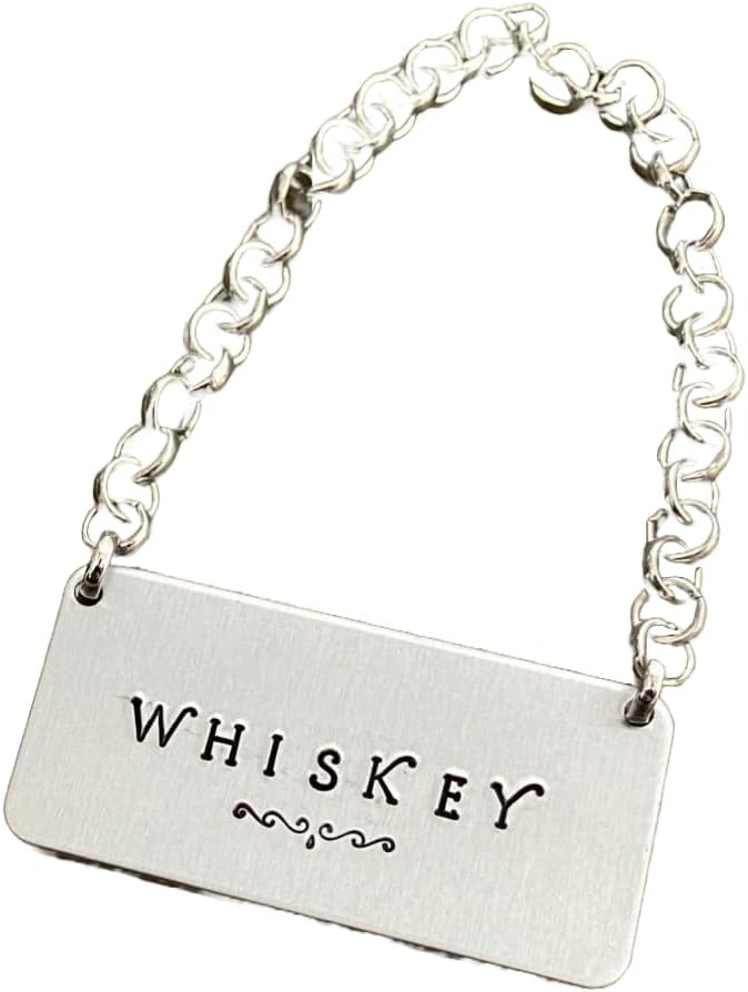 Individual Customizable Liquor Alcohol Bottle Decanter Label (1) Tag, Hand-Stamped Silver-Color Aluminum on Chain, 1"X2" Decorative Gift Ideas for Men, Home Bar Decor, Personalized