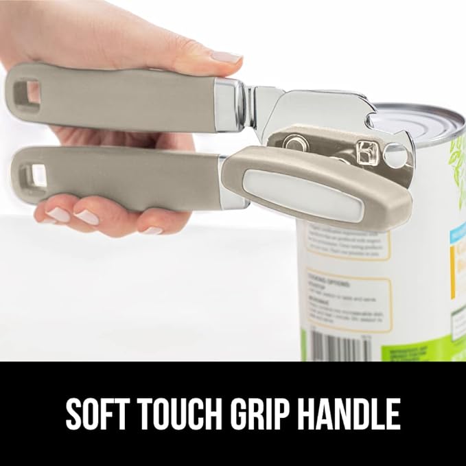 GORILLA GRIP Heavy Duty Stainless Steel Smooth Edge Manual Can Opener and Bottle Openers, Soft Comfortable Handle, Oversized Handheld Turn Knob, US Designed Multifunctional Kitchen Tool, Almond