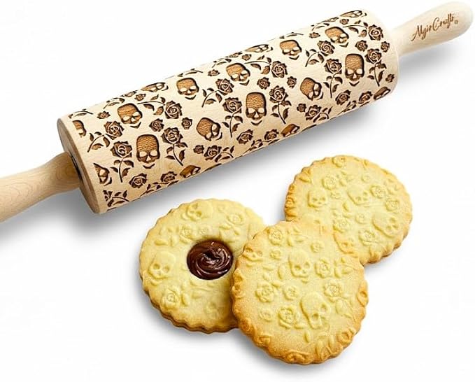 SUGAR SKULL and ROSES Embossed Rolling Pin for Halloween cookies. Laser Engraved Dough Roller for Embossing Homemade Cookies by Algis Crafts