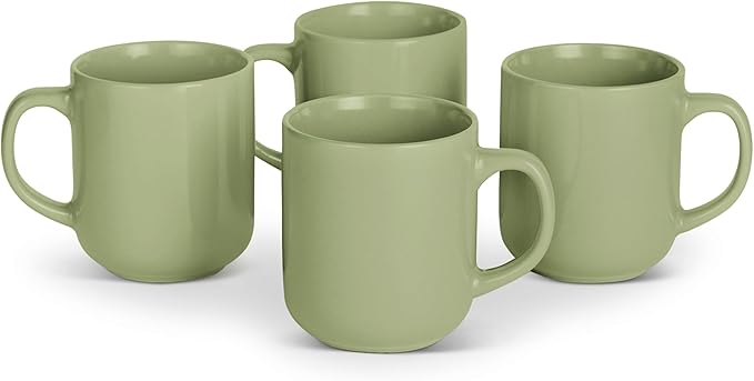 Amazon Basics Glazed Stoneware Coffee Mugs, Ceramic 4-Piece Set, 16 oz, Microwave and Dishwasher-Safe, Olive