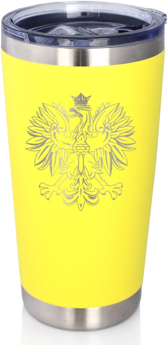 Bevvee Polish Eagle - Insulated Coffee Tumbler Cup with Sliding Lid - Stainless Steel Travel Mug - Poland Gifts or Party Decor for Polish Women and Men - Yellow