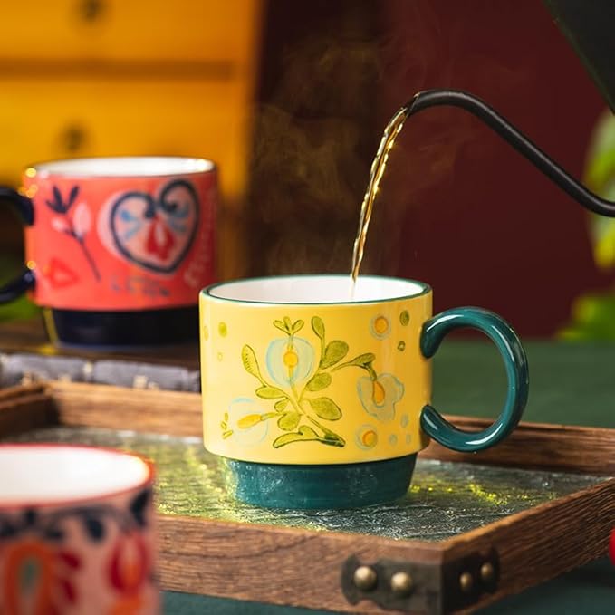 Floral Stackable Ceramic Coffee Mugs - Set of 4 with Stand, 12.5 oz Multi-Color Porcelain Cups for Latte, Cappuccino, Tea, Hot Cocoa - Dishwasher & Microwave Safe (Pastoral)