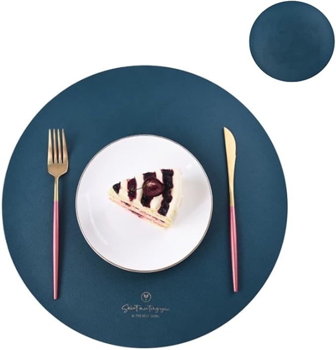 Pink PU Home Placemats and Coasters Set Washable Round Table Mat Waterproof Coffee Mats Heat- Table Place Mat(Circle Ink Blue)