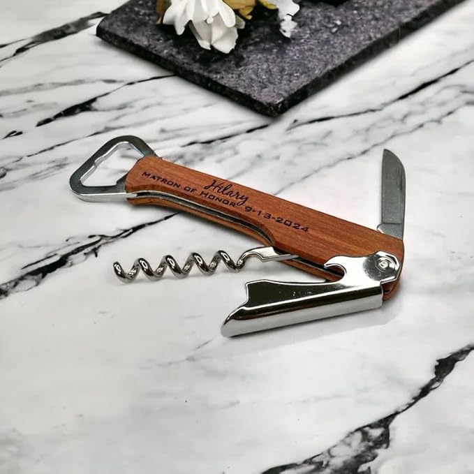Engraved corkscrew opener, Personalized wood bottle opener, Wine corkscrew, custom bottle opener, Groomsman bottle openers, / Laser Engraved