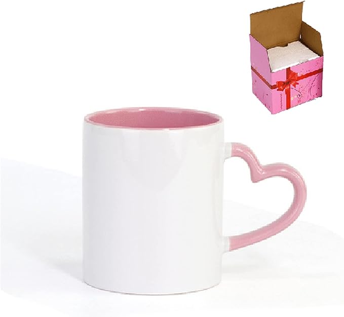Ceramic Mug DIY Photo Heart Shape Handle Color Inside and Color Hand Cup Customized Pictures Logo Name Text Creative Cut Gifts(Pink-2)