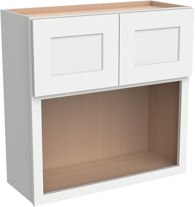 Solid Wood RTA Wall Microwave Cabinet with Open Shelves – Shaker Style, Space-Saving Kitchen Pantry Storage, Durable and Versatile Wall-Mounted Organizer (SK-Origami White, 30" W x 24" D x 36" H)