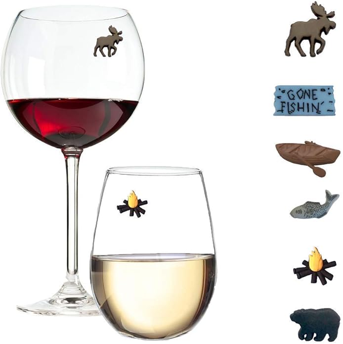 Simply Charmed Camping Wine Glass Charms - Great Gift for the Fisherman, Wine Accessories for the Mountain Cabin or Lake House Set of 6 Magnetic Drink Markers
