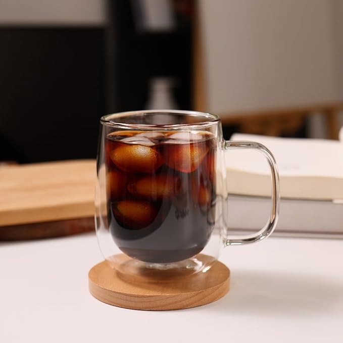 CNGLASS Glass Coffee Mugs 12oz,Double Wall Insulated Mug Set with Handle,Clear Glass Espresso Mugs for Latte,Cappuccino,Tea Bag,Hot and Cold Beverages,Set of 4