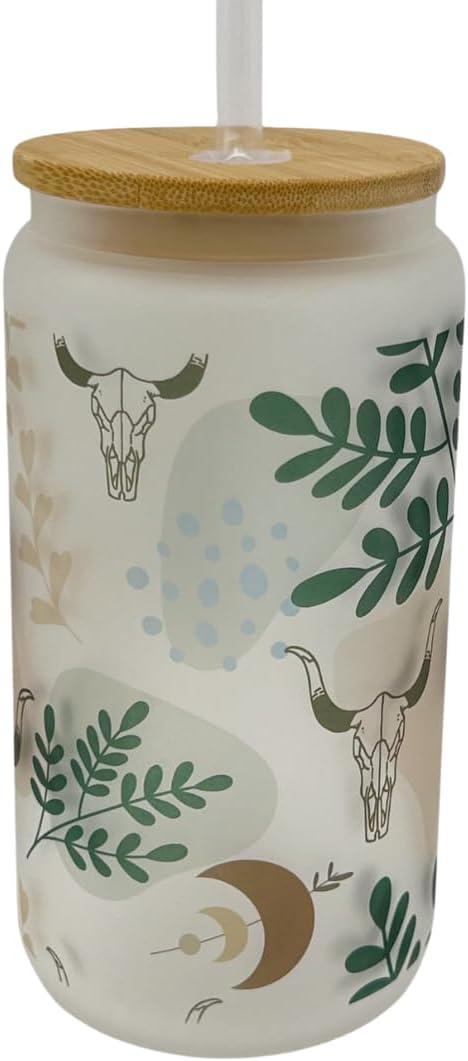 16oz Frosted Glass With Bamboo Lid and Plastic Straw - Western (Western #3, 16oz)