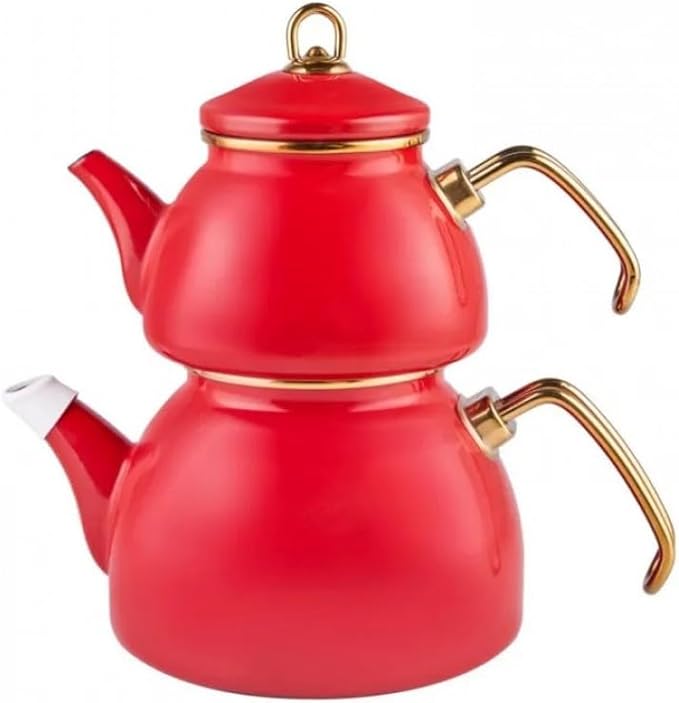 Karaca Retro Turkish Teapot for Stovetop, 1.1L Turkish Tea Pot & 2.3L Kettle, Dishwasher Safe, Induction Tea Pot Set, Vibrant Color Lasting Enamel, Samovar Style, Red