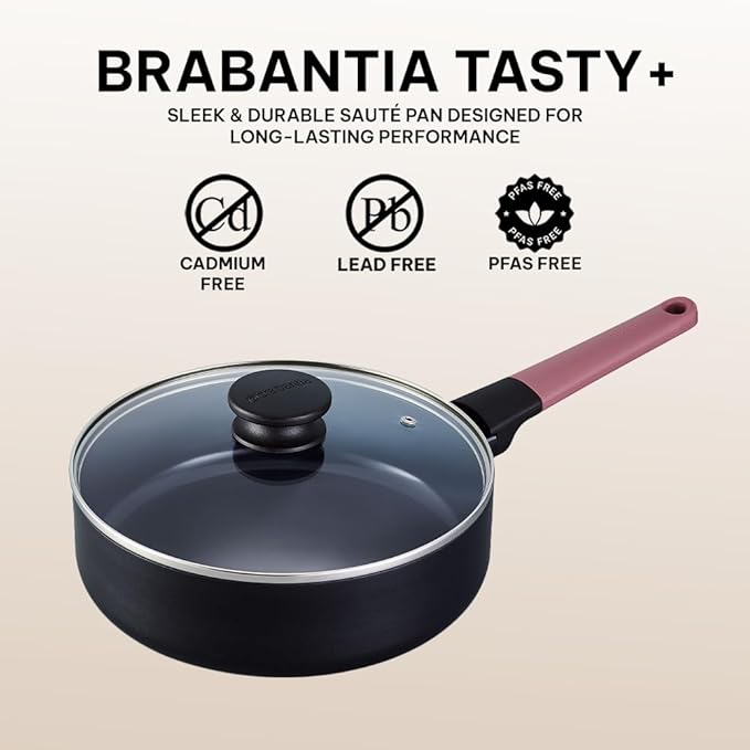 Brabantia Tasty+ 9.5” Nonstick Ceramic Sauté Pan with Lid – PFAS/PFOA/PTFE Free, 2.5 Qt Deep Skillet for Healthy Cooking, Stay-Cool Handle, All Stovetop Safe