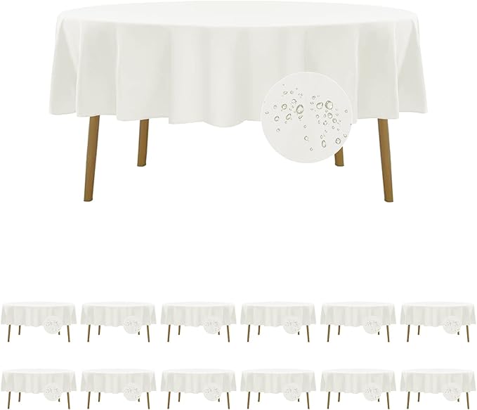 Fokitut 12 Pack Waterproof Round Tablecloth, 90 Inch, Stain Resistant and Wrinkle Polyester Table Cloth, Fabric Table Cover for Kitchen Dining, Wedding, Party, Holiday Dinner-Ivory
