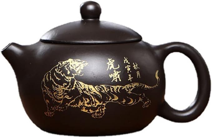 Xishi Teapot 7oz Chinese Yixing Zisha Clay Pot Ceramics Purple Sand Mud Kungfu Tea Set Kettle Spherical Filter (Black with golden tiger)