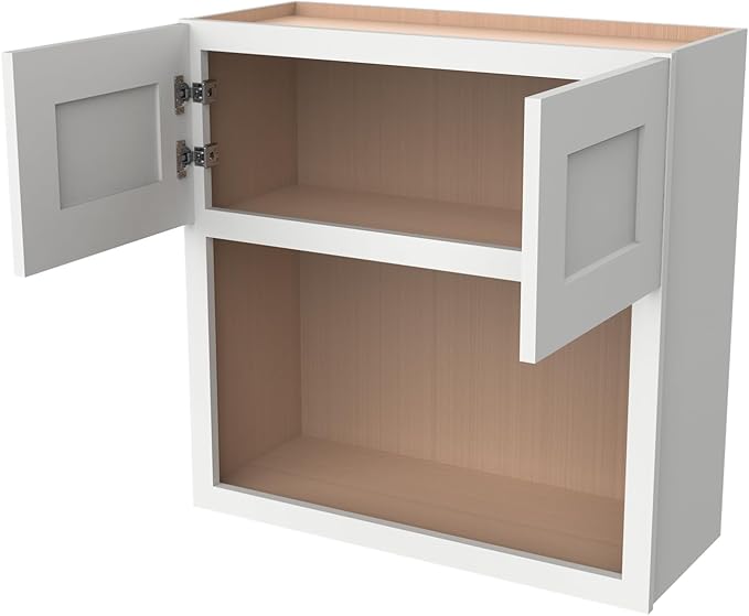 Solid Wood RTA Wall Microwave Cabinet with Open Shelves – Shaker Style, Space-Saving Kitchen Pantry Storage, Durable and Versatile Wall-Mounted Organizer (SK-Origami White, 30" W x 24" D x 36" H)