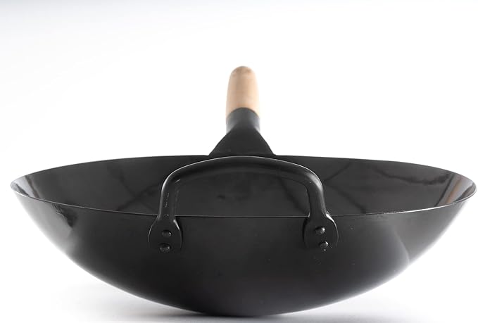 Craft Wok Black13 Pre-Seasoned Hand Hammered Carbon Steel Pow Wok with Wooden and Steel Helper Handle (13 Inch, Round Bottom)