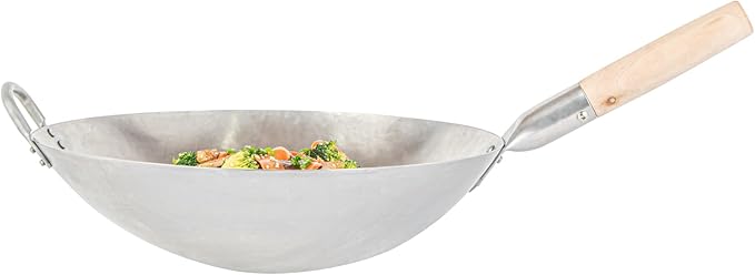 Motomori 14 Inch Hand-Hammered Carbon Steel Wok, 1 Traditional Japanese Wok - Round Bottom, Wooden Handle, Black Carbon Steel Traditional Stir Fry Pan, With Helper Handle - Restaurantware