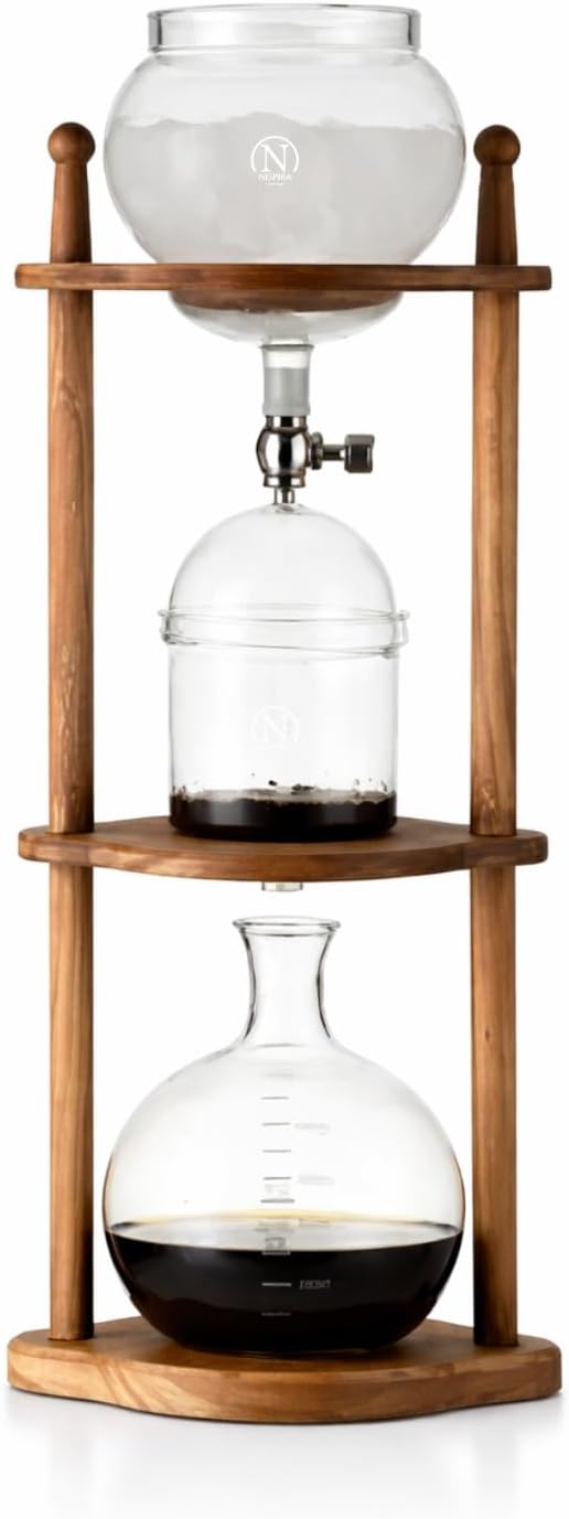 Nispira Cold Brew coffee Maker Ice Coffee Drip Machine with Advanced Slow Drip Technology Borosilicate Glass with Wood Tower, 6-8 Cup, Brown
