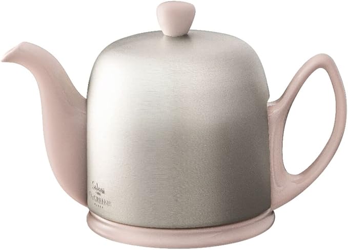 Degrenne Salam Luxury French Tea Pot - Porcelain Teapot with Brushed Aluminum Cover, Ceramic Tea Kettle for Loose Tea, Removable Infuser, 4 Cup Capacity, 24oz - Pink