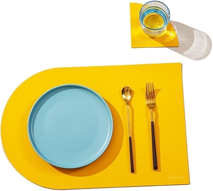 Placemat Table Mat Plate Tableware Pad PU Leather Heat Insulation Non-Slip Bowl Coaster Set for Dinner Kitchen(Yellow)