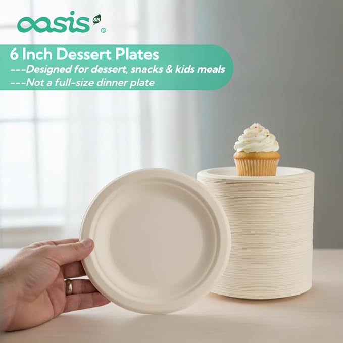 6 Inch 128 Pack Compostable Disposable Paper Plates, Small Dessert Plates, Heavy Duty Sugarcane Bagasse, Biodegradable Eco-Friendly, Perfect for Kids Meals & Parties, Natural