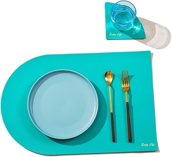 Placemat Table Mat Plate Tableware Pad PU Leather Heat Insulation Non-Slip Bowl Coaster Set for Dinner Kitchen(Azure)