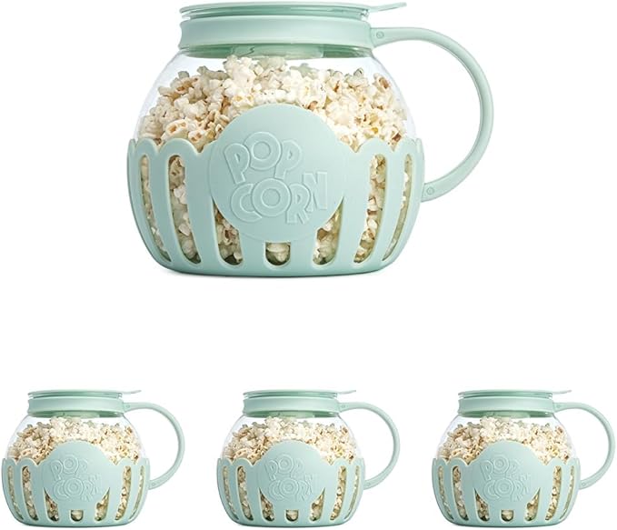 Ecolution Patented Micro-Pop Microwave Popcorn Popper with Temperature Safe Glass,3-in-1 Lid Measures Kernels and Melts Butter,Made Without BPA,Dishwasher Safe,3-Quart,Aqua,(Pack of 4)
