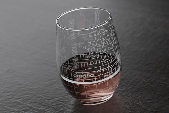 Well Told Engraved Omaha Nebraska Map Stemless Wine Glass, Etched Glass (15 oz, Clear) City Custom Gifts for Lovers