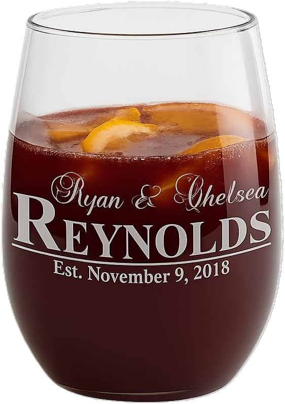 Personalized Wedding Wine Glass, Premium 21oz Stemless Wine Glass Laser Engraved with your Wedding Anniversary Information! | Wedding Shower Gifts for the Bride or Groom!