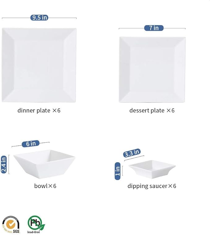 Porlien 24-Piece Classic Square Dinnerware Set for 6-Off White Plates
