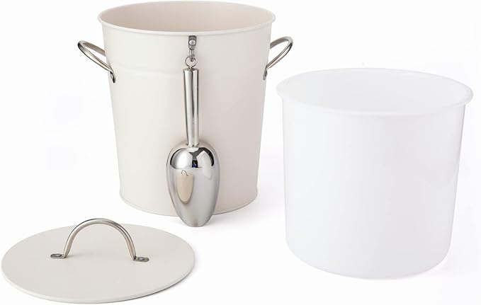 Rae Dunn Ice Bucket with Scoop - Stainless Steel Bucket with Handle, Lid and Ice Scooper - 4 Qt. Storage Bin for Ice Cubes for Bars, Parties, Backyard Barbeques, Picnics, and Camping (White)