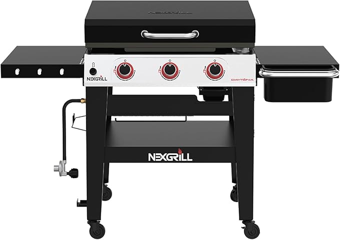 Nexgrill Daytona 3-Burner Propane Gas Griddle with Side Tables, 45000 BTUs Flat Top Grill, 630 SQ. in. Hot-Rolled Steel Cooking Space, Outdoor Cooking Barbeque - 720-1057