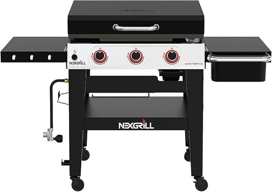 Nexgrill Daytona 3-Burner Propane Gas Griddle with Side Tables, 45000 BTUs Flat Top Grill, 630 SQ. in. Hot-Rolled Steel Cooking Space, Outdoor Cooking Barbeque - 720-1057