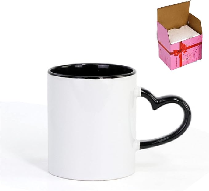 Ceramic Mug DIY Photo Heart Shape Handle Color Inside and Color Hand Cup Customized Pictures Logo Name Text Creative Cut Gifts(Black-2)