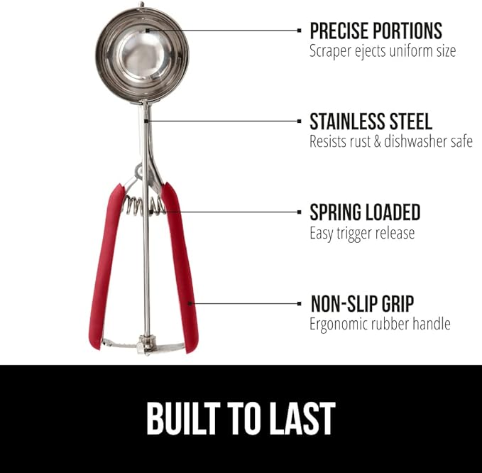GORILLA GRIP BPA-Free Stainless Steel Cookie Scoop, 3 TBSP Scooper #20, Soft Grip Handle, Easy Food Release, Create Even Portion Sizes, Multipurpose Kitchen Melon Baller, Meatball Spring Scoops, Red