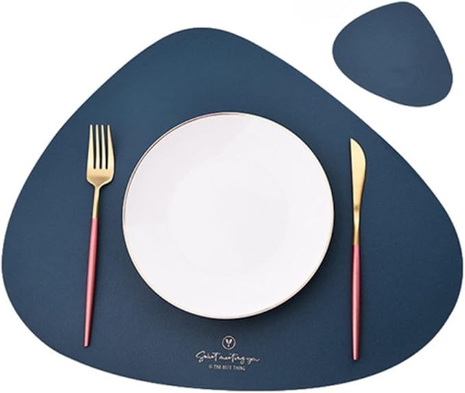 Faux Leather Set of 2 PU Placemats and Coasters Round Leather for Dinner Table Mats Heat Non-Slip Washable(Blue)