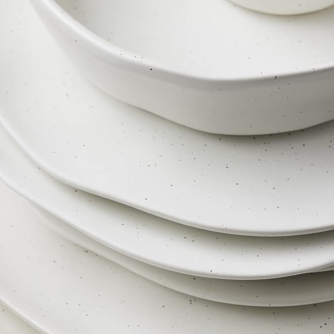 Stone by Mercer Project HEKONDA Modern Debossed Stoneware 32-Piece Dinnerware Set, Plate and Bowl Set, Dish Set for 8, White Speckled