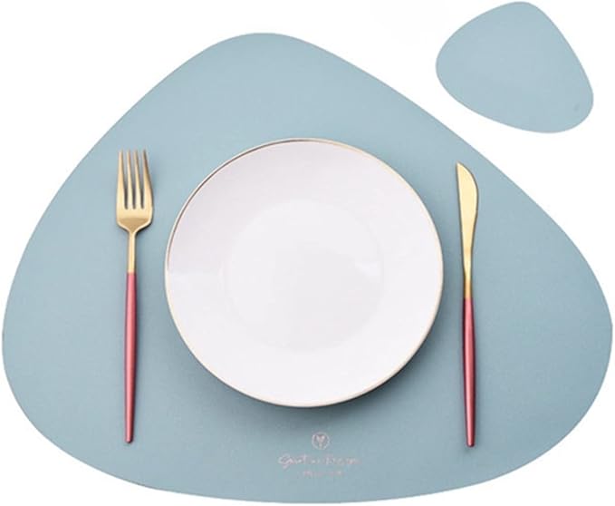Placemat and Coaster Set of 1/4/6/10 Table Mat Tableware Pad PU Leather Non-Slip Placemats Coasters Kitchen Accessories(Water Blue,10sets)