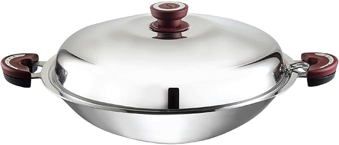 BUFFALO Stainless Steel Wok Pan with Lid Round Bottom 14 inch (35cm) Stir Frying Pan Tri-Ply Nonstick Cookware - Double Handle Cooking Pot for Induction/Electric/Gas Stoves