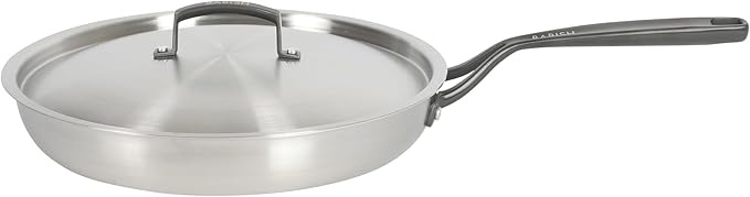 Babish 12-Inch Tri-Ply Stainless Steel Frying Pan with Lid & Black Handle – Professional Grade Skillet for Searing, Sautéing & Even Heat Cooking