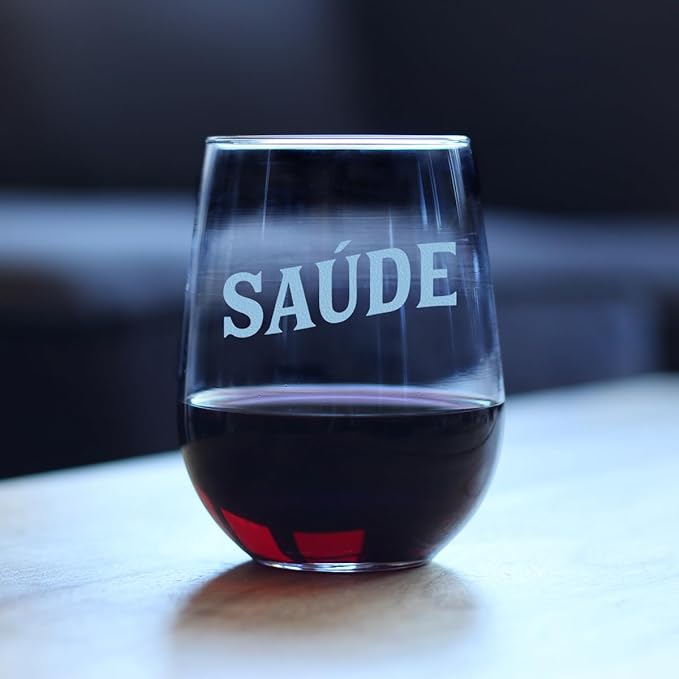 Custom Saude - Portuguese Cheers - Personalized Stemless Wine Glass - Portugal Themed Gifts or Party Decor for Women - Large - Customized Wine Glass Gift