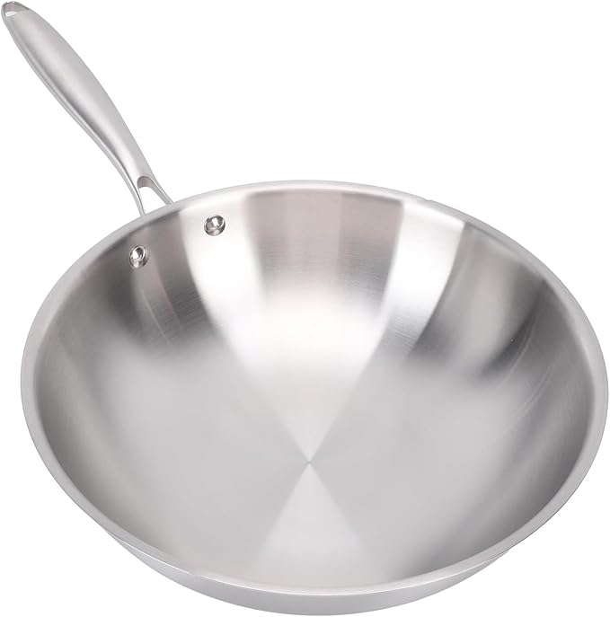 Nonstick Wok Stick Wok No Coating Wok 304 Stainless Steel Stir Fry Pan with Aluminum Core for Induction Gas Electric Stoves (32CM)