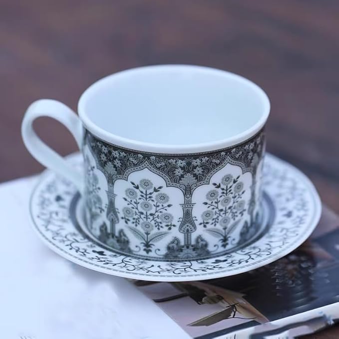 Ceramic Coffee Mug with Saucer 8 OZ Turkish Iznik Gray Daisy Flower Porcelain Coffee Cup Set for Home Office Women Men Gifts CM05